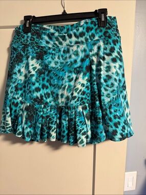Teal Leopard Print Skater Skirt with Ruffle Hem